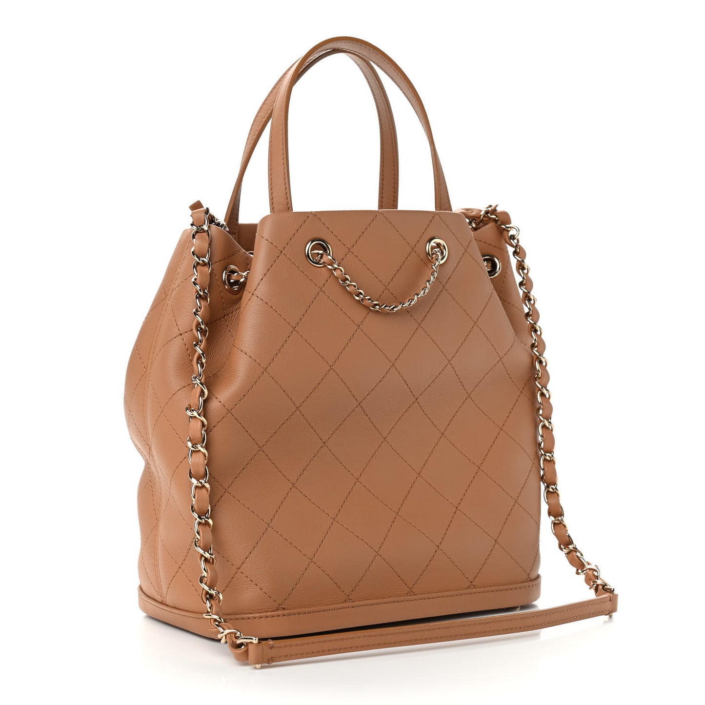 Calfskin Stitched Chain Top Handle Bucket Bag Beige