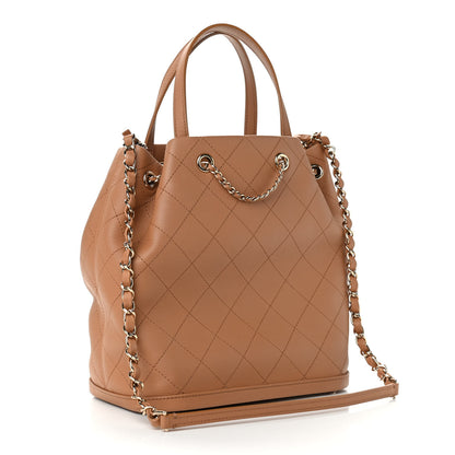 Chanel Calfskin Stitched Chain Top Handle Bucket Bag Beige 4 of 11