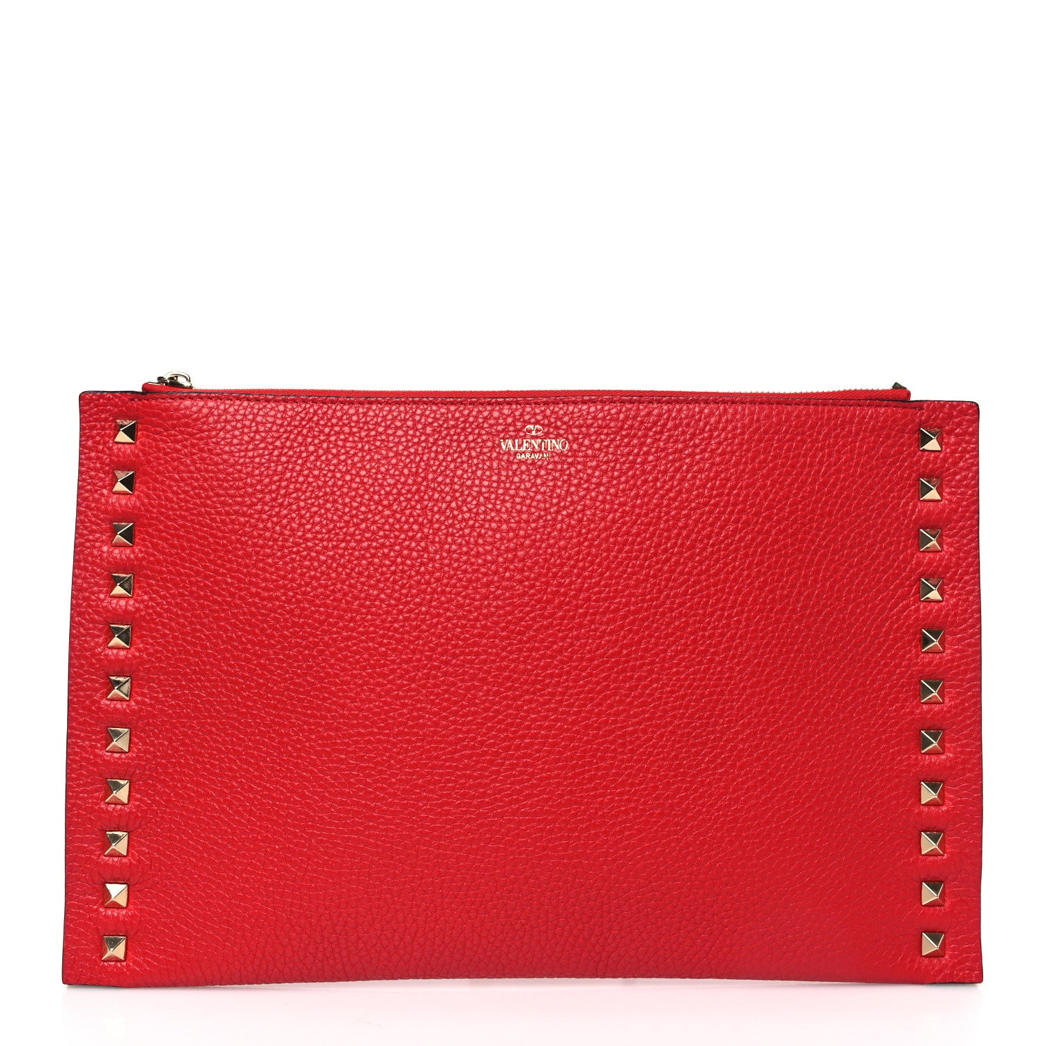 Valentino Garavani Pebbled Calfskin Large Rockstud Flat Zip Pouch Rouge Pur 1 of 8