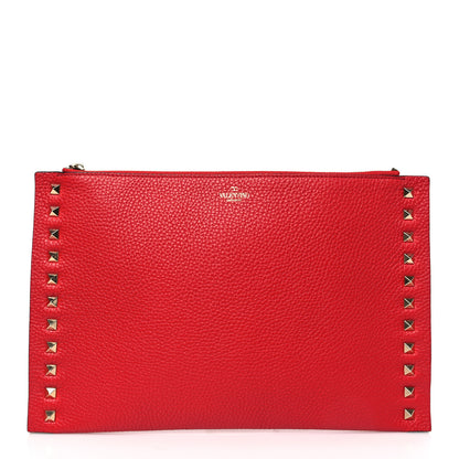 Valentino Garavani Pebbled Calfskin Large Rockstud Flat Zip Pouch Rouge Pur 1 of 8
