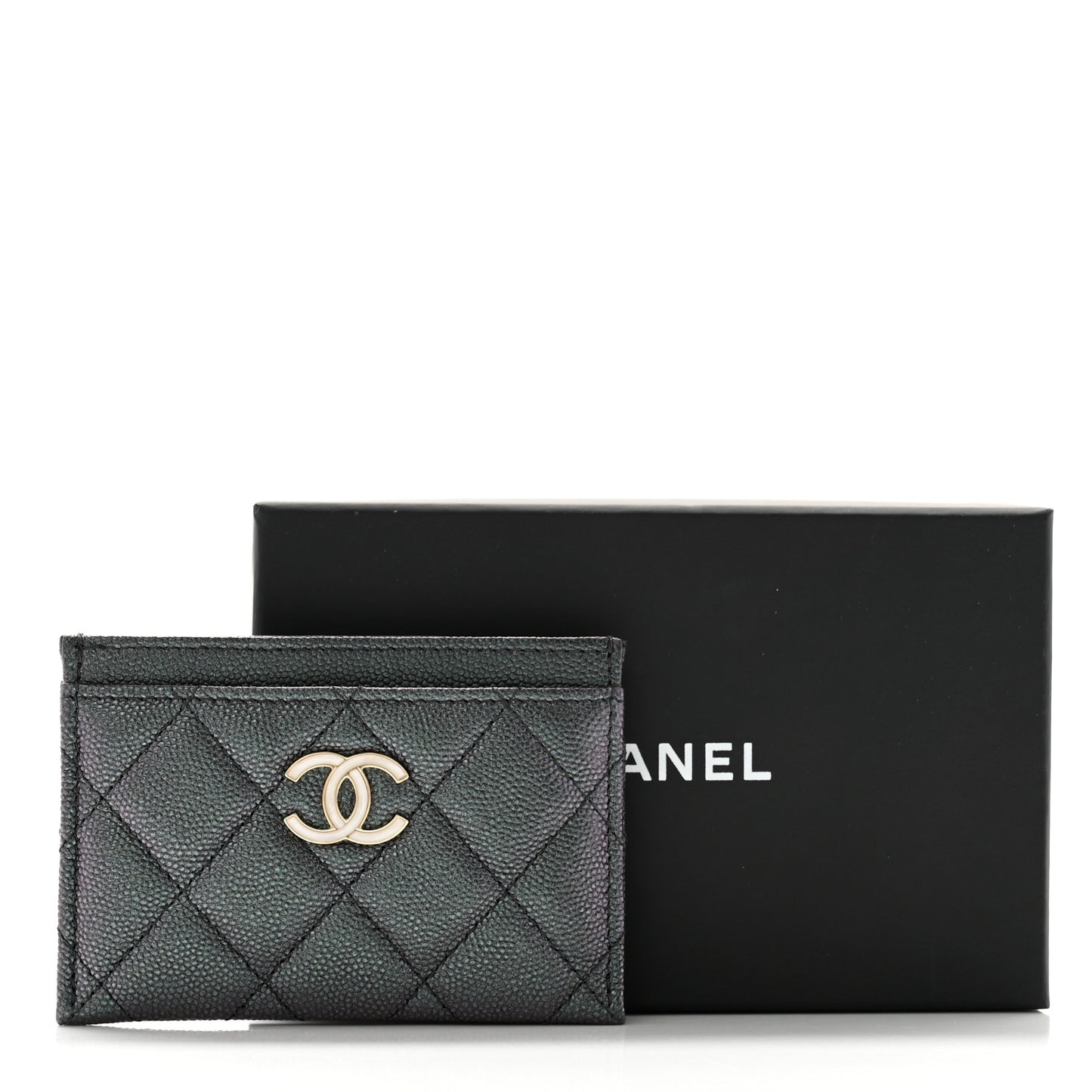 Iridescent Caviar Quilted Card Holder Black