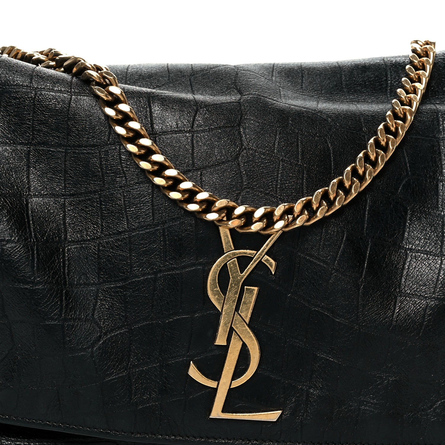 Saint Laurent Calfskin Crocodile Embossed Suede Medium Reversible Monogram Kate Satchel Military Taupe 12 of 17