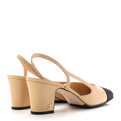 Chanel Goatskin Grosgrain Cap Toe CC Slingback Pumps 36.5 Beige Black 4 of 8