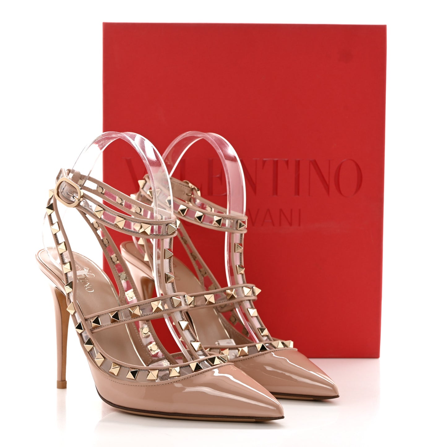 Patent Nappa Rockstud Ankle Strap 100mm Pumps 38 Poudre
