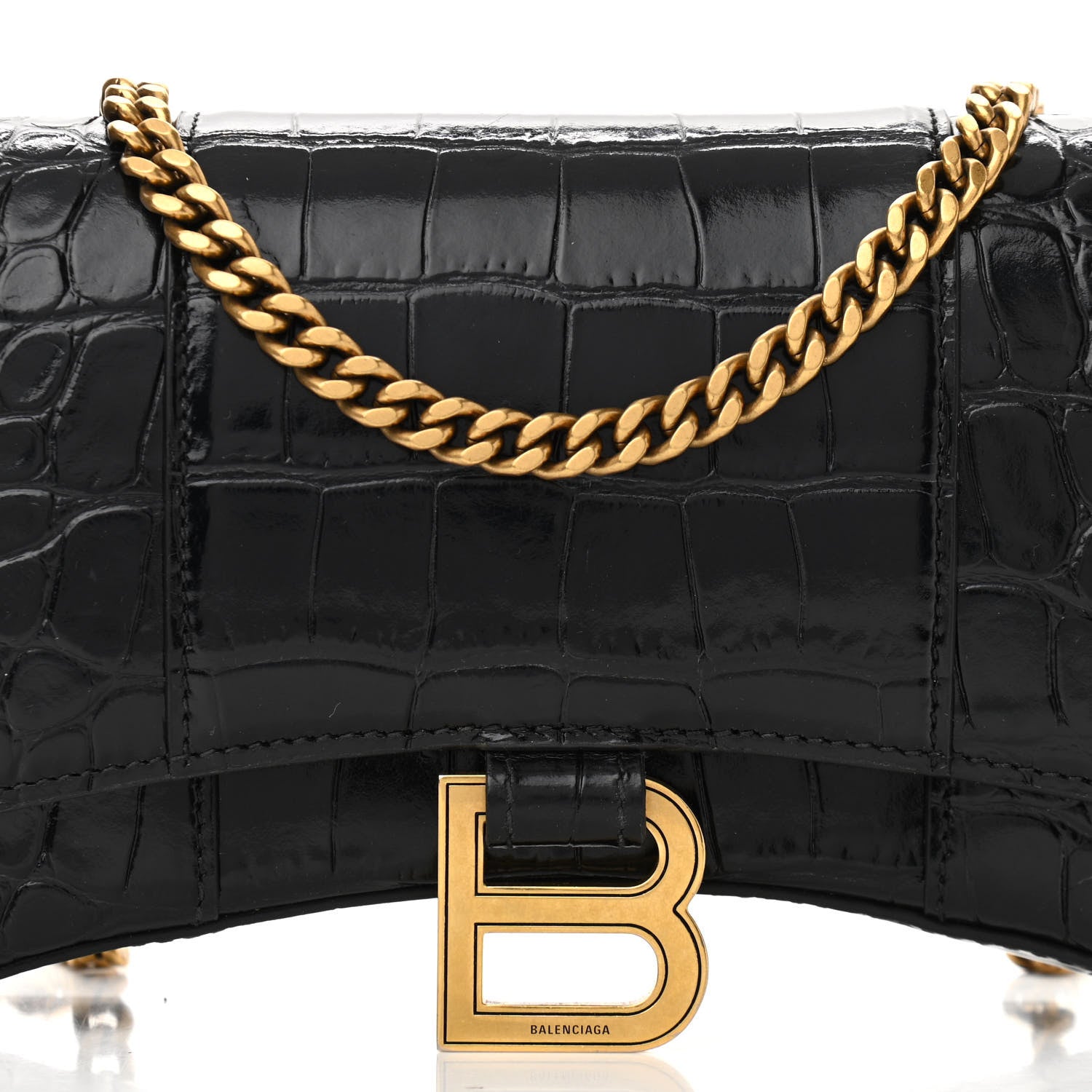 Balenciaga Shiny Calfskin Crocodile Embossed Hourglass Chain Bag Black 7 of 9