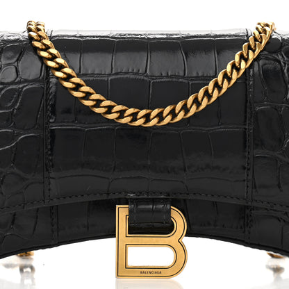 Balenciaga Shiny Calfskin Crocodile Embossed Hourglass Chain Bag Black 7 of 9
