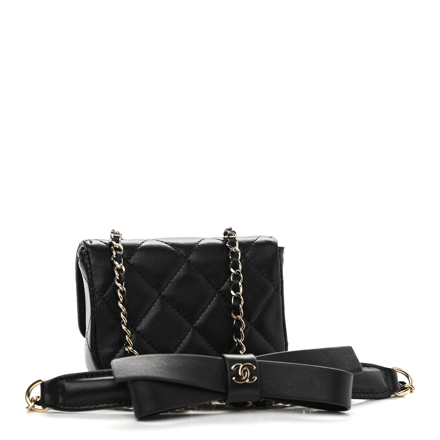 Lambskin Quilted Flap Bow Chain Waist Bag Black