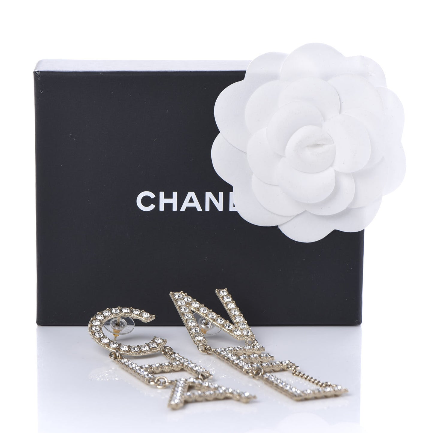 Crystal Cha-Nel Logo Drop Earrings Gold