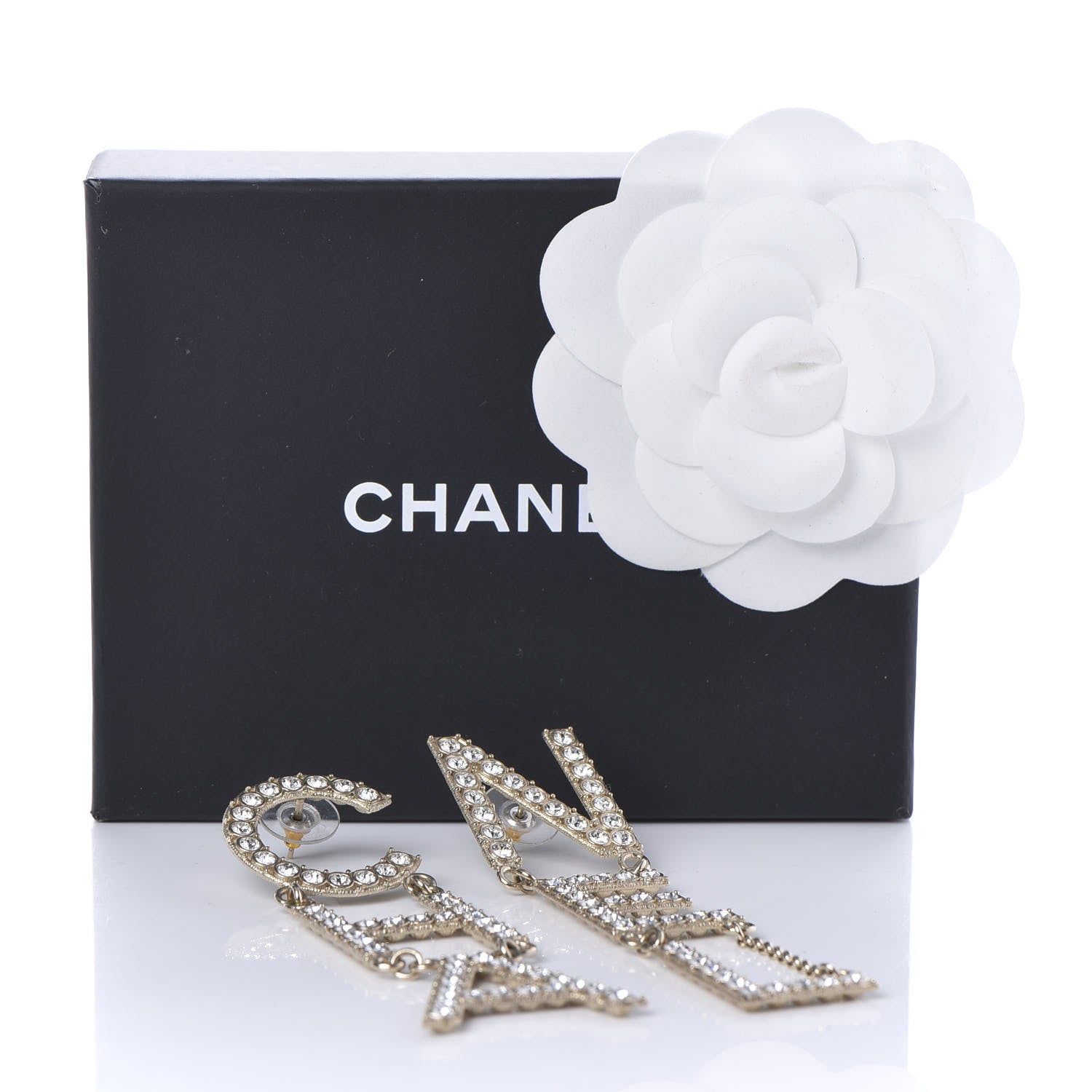 Chanel Crystal Cha-Nel Logo Drop Earrings Gold 5 of 5