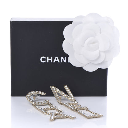 Chanel Crystal Cha-Nel Logo Drop Earrings Gold 5 of 5