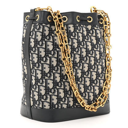 Christian Dior Oblique Drawstring Chain Large Bucket Bag Blue 3 of 10