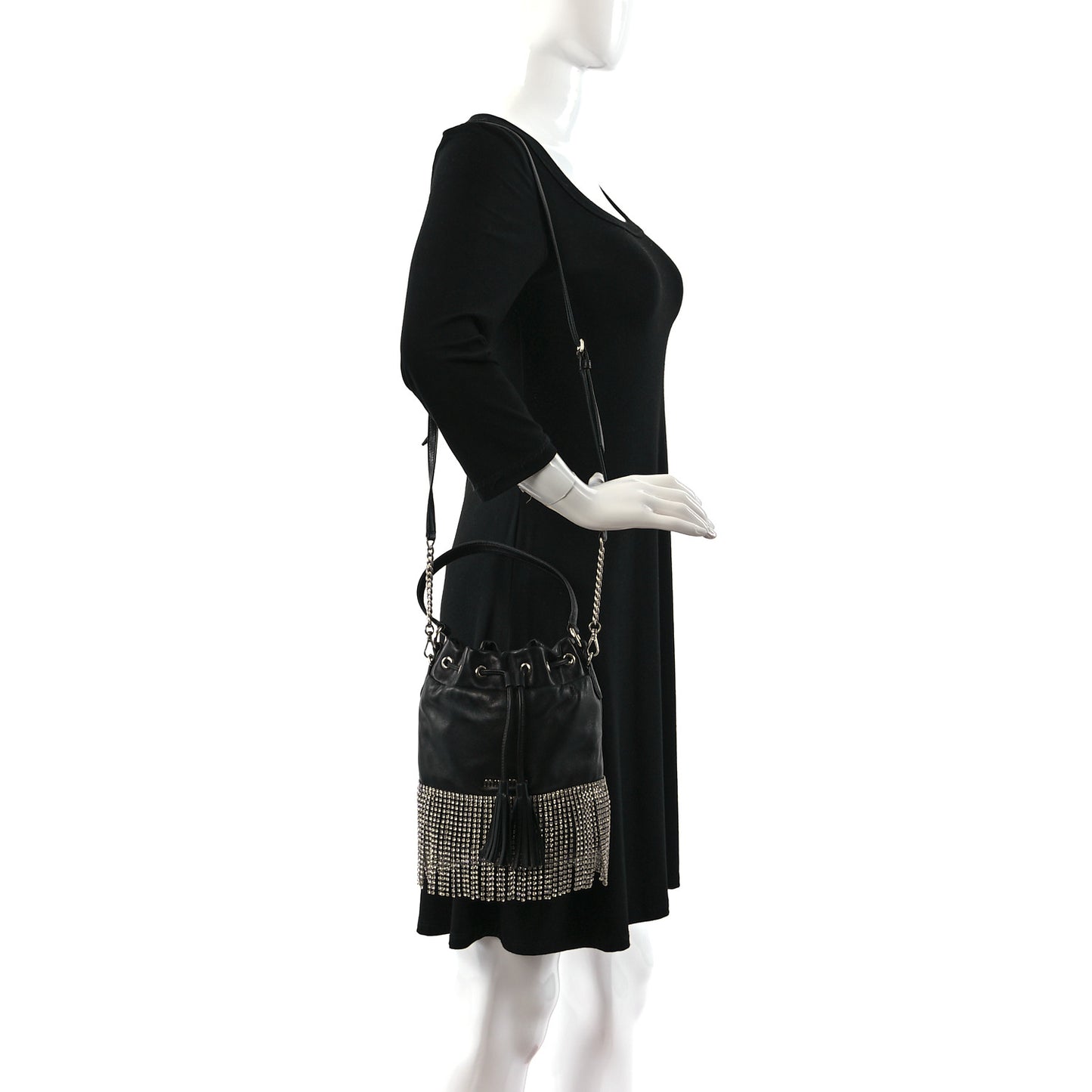 Nappa Crystal Fringe Bucket Bag Black