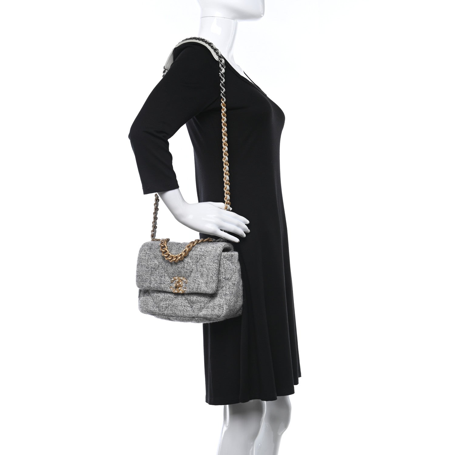 Chanel Tweed Quilted Medium Chanel 19 Flap Grey Ecru 2 of 9