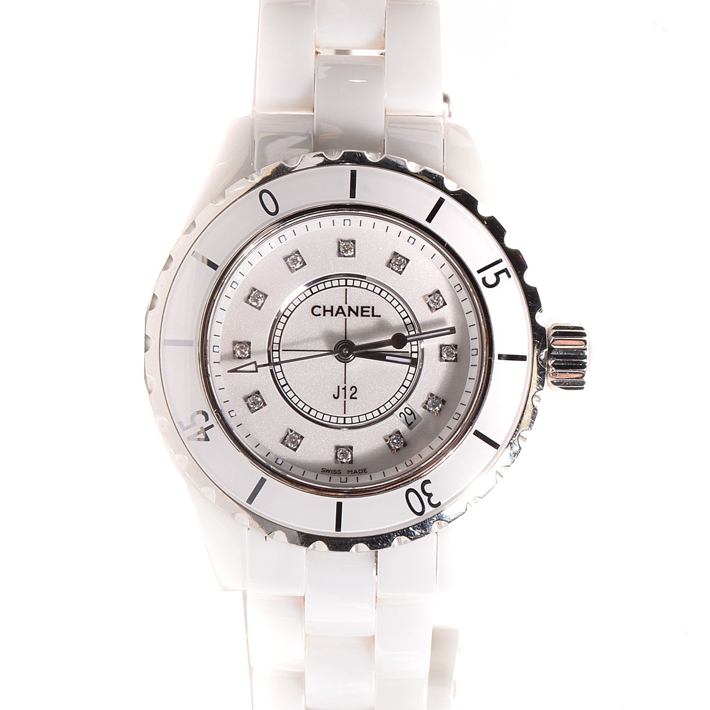 Stainless Steel Ceramic Diamond 33mm J12 Quartz Watch White