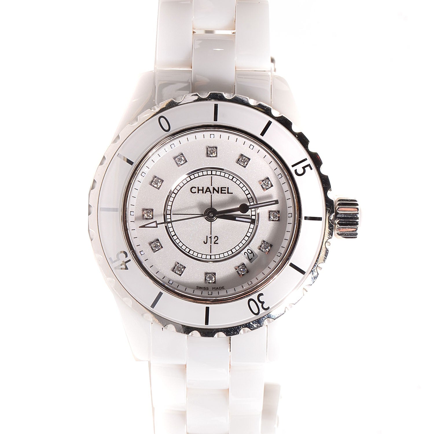 Chanel Stainless Steel Ceramic Diamond 33mm J12 Quartz Watch White 1 of 6