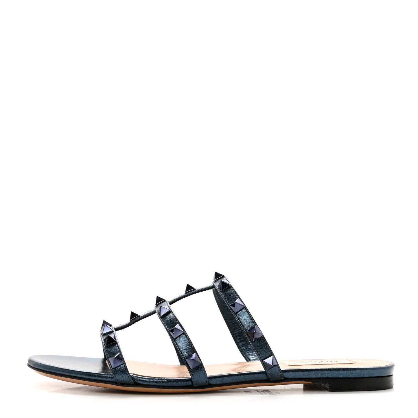 Metallic Calfskin Rockstud Caged Flat Slide Sandals 38 Marine