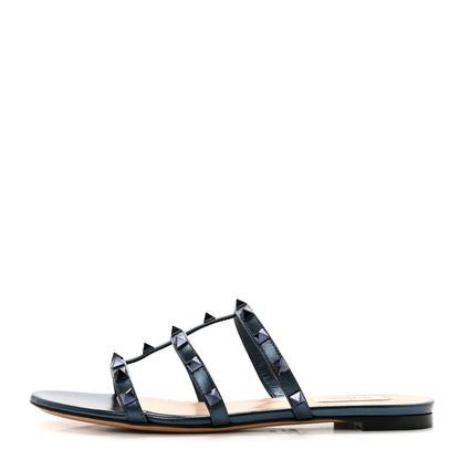 Valentino Garavani Metallic Calfskin Rockstud Caged Flat Slide Sandals 38 Marine 1 of 8