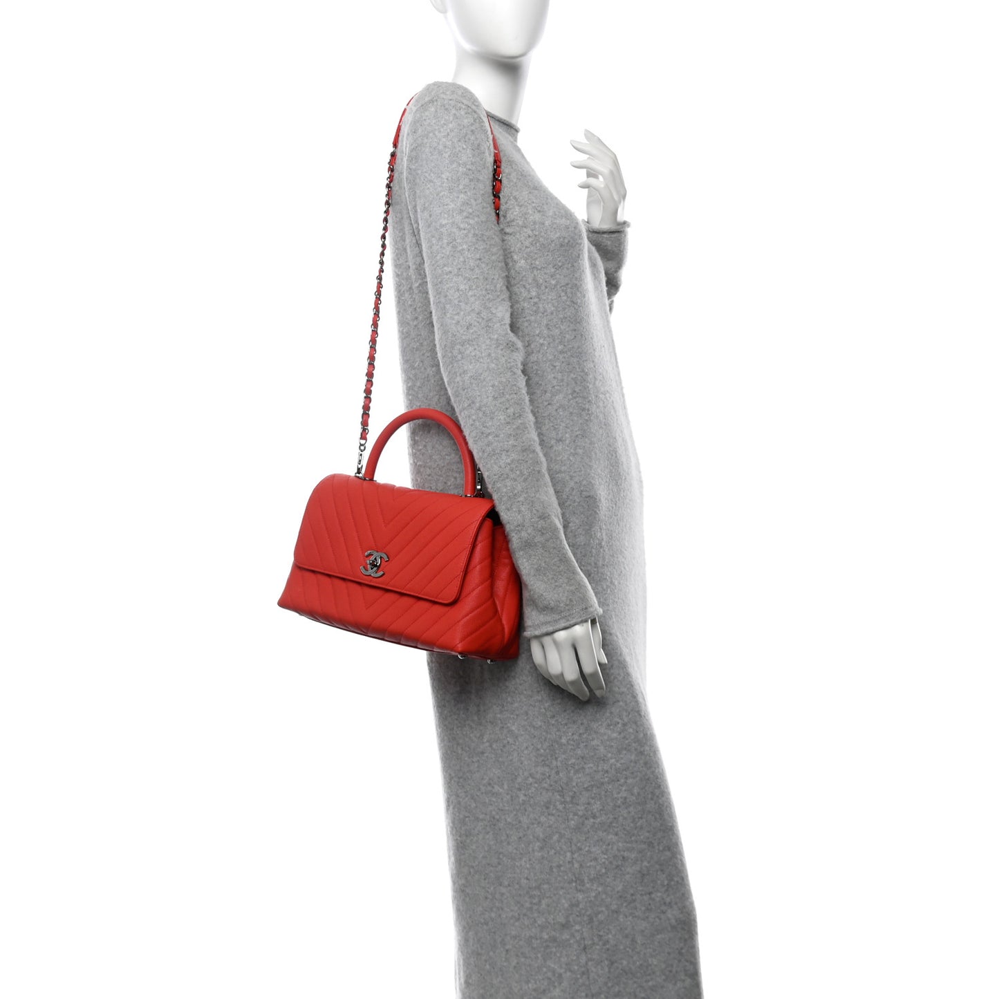 Caviar Chevron Quilted Small Coco Handle Flap Coral