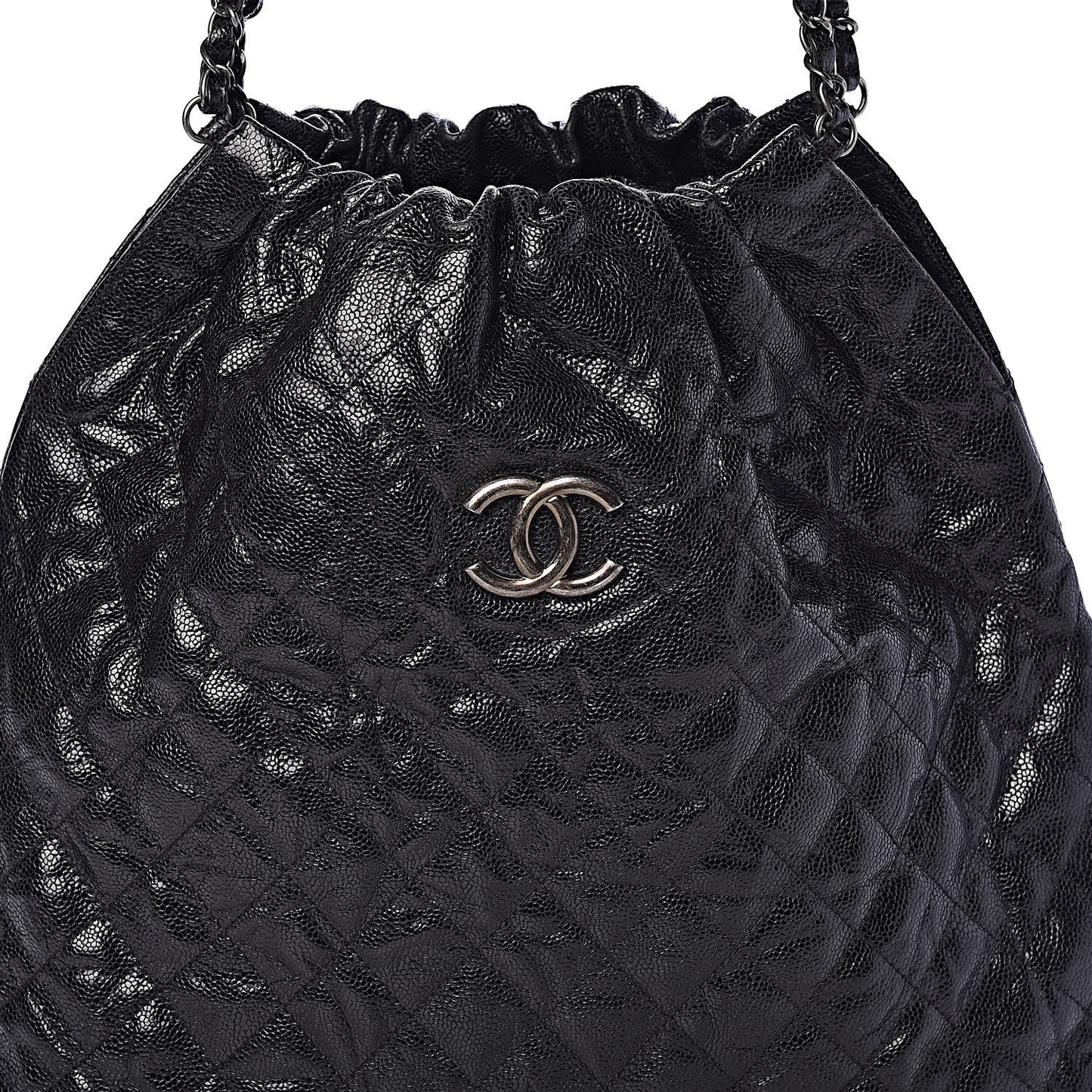Distressed Glazed Caviar Quilted Large Elastic Tote Black