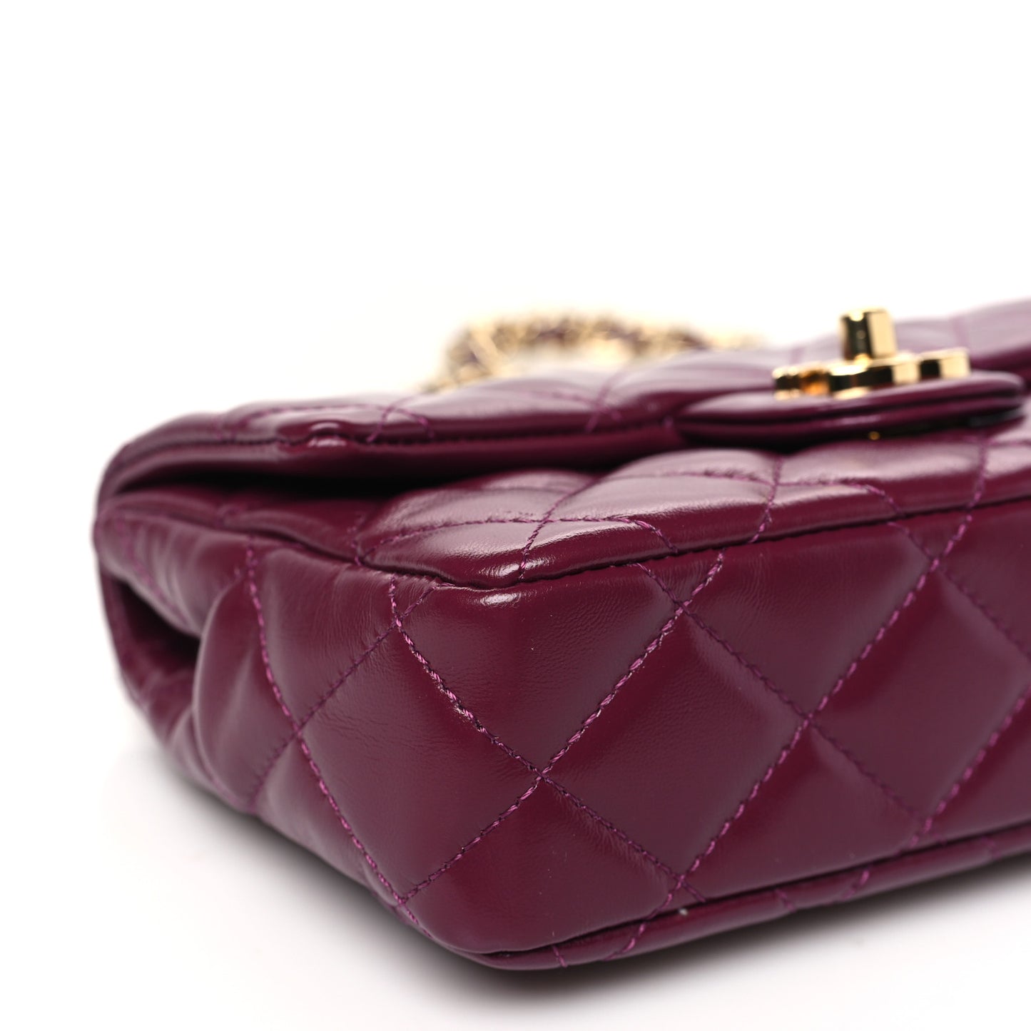 Shiny Lambskin Quilted Golden Links Top Handle Flap Dark Purple