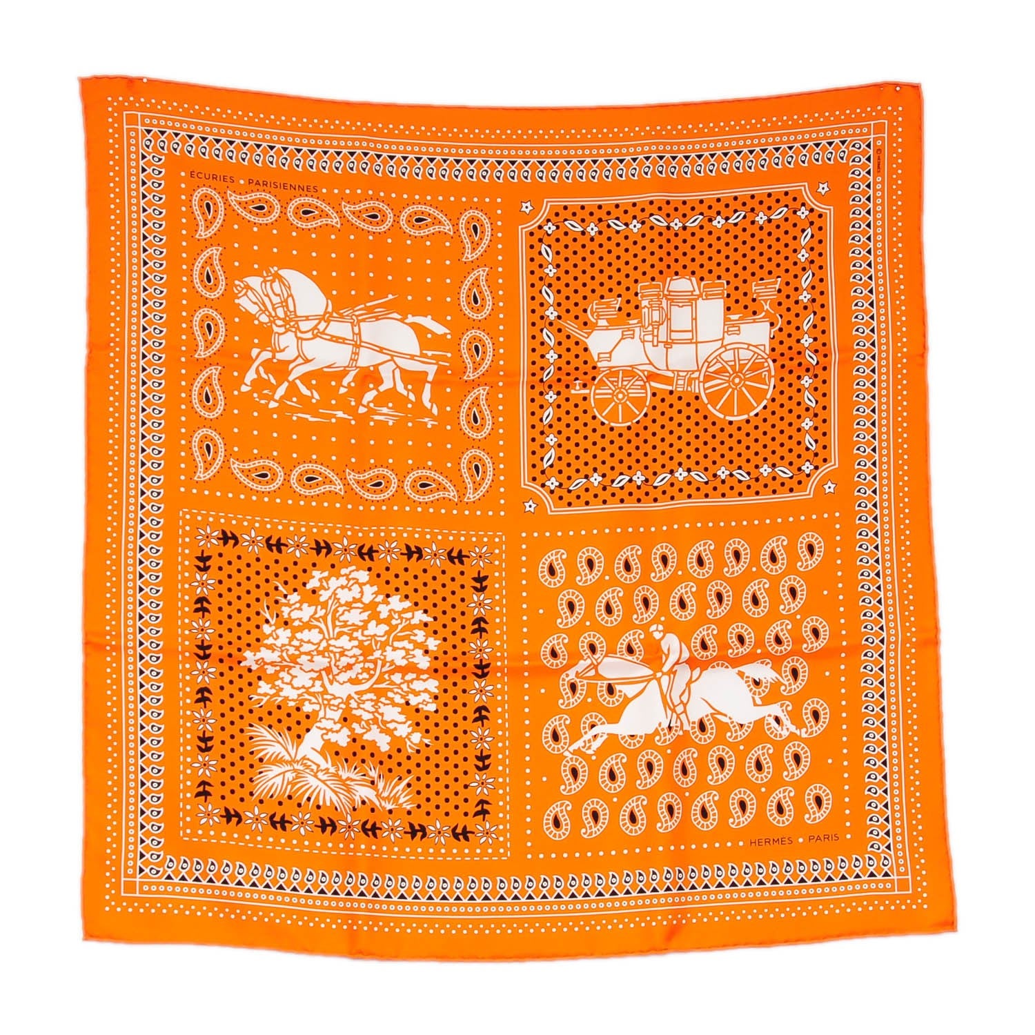 Hermes Silk Ecuries Parisiennes Bandana Scarf 55 Orange Noir Blanc 2 of 7
