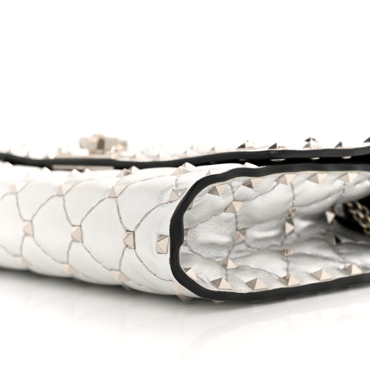 Metallic Nappa Rockstud Spike Wallet on Chain Silver