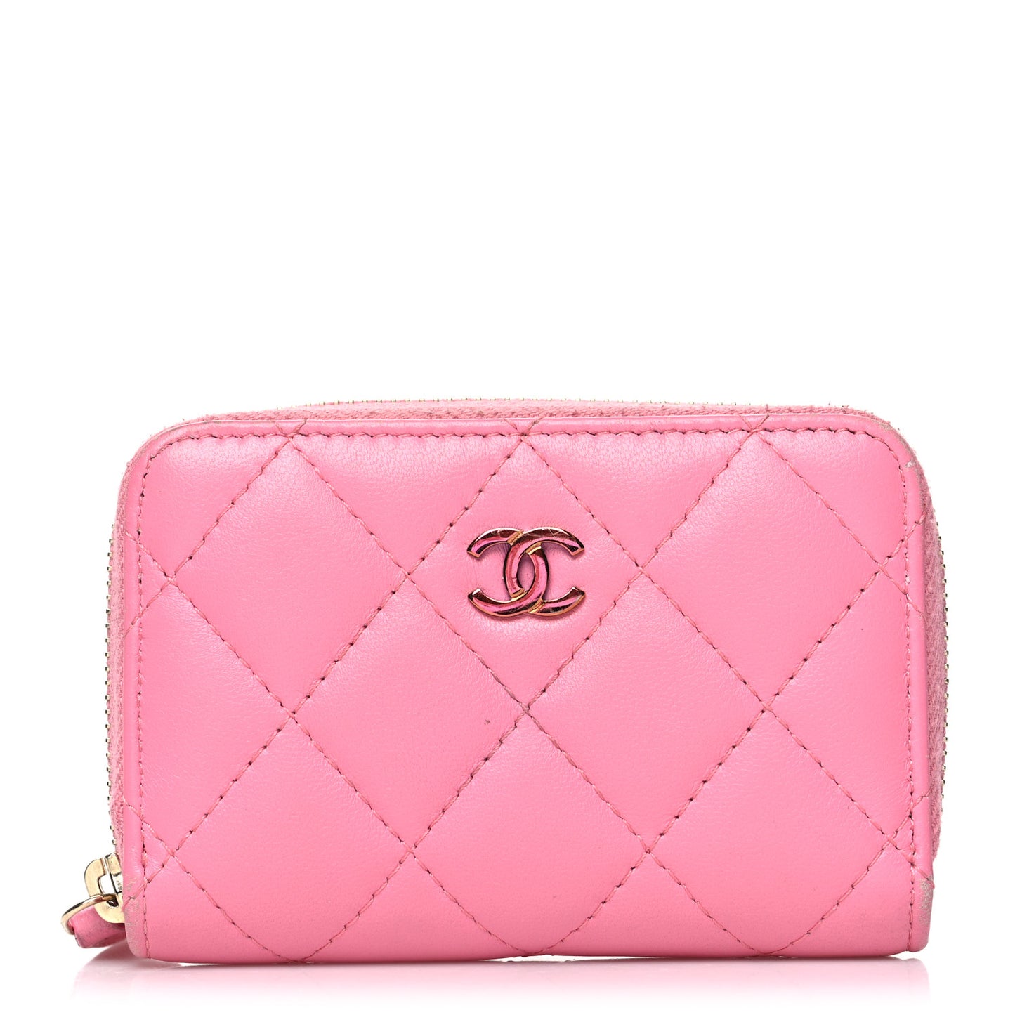 Lambskin Quilted Zip Around Coin Purse Wallet Pink Yellow