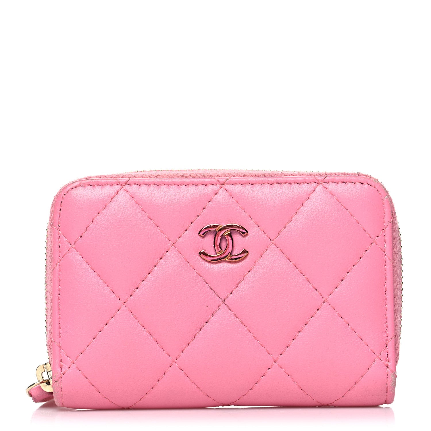 Chanel Lambskin Quilted Zip Around Coin Purse Wallet Pink Yellow 1 of 12