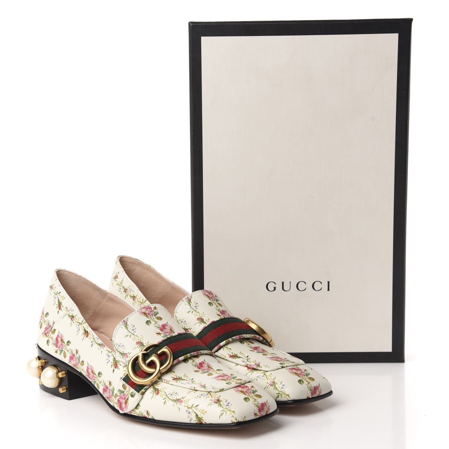 Gucci Calfskin Web Pearl Floral Embellished Peyton Loafer 38 White Multicolor 10 of 10
