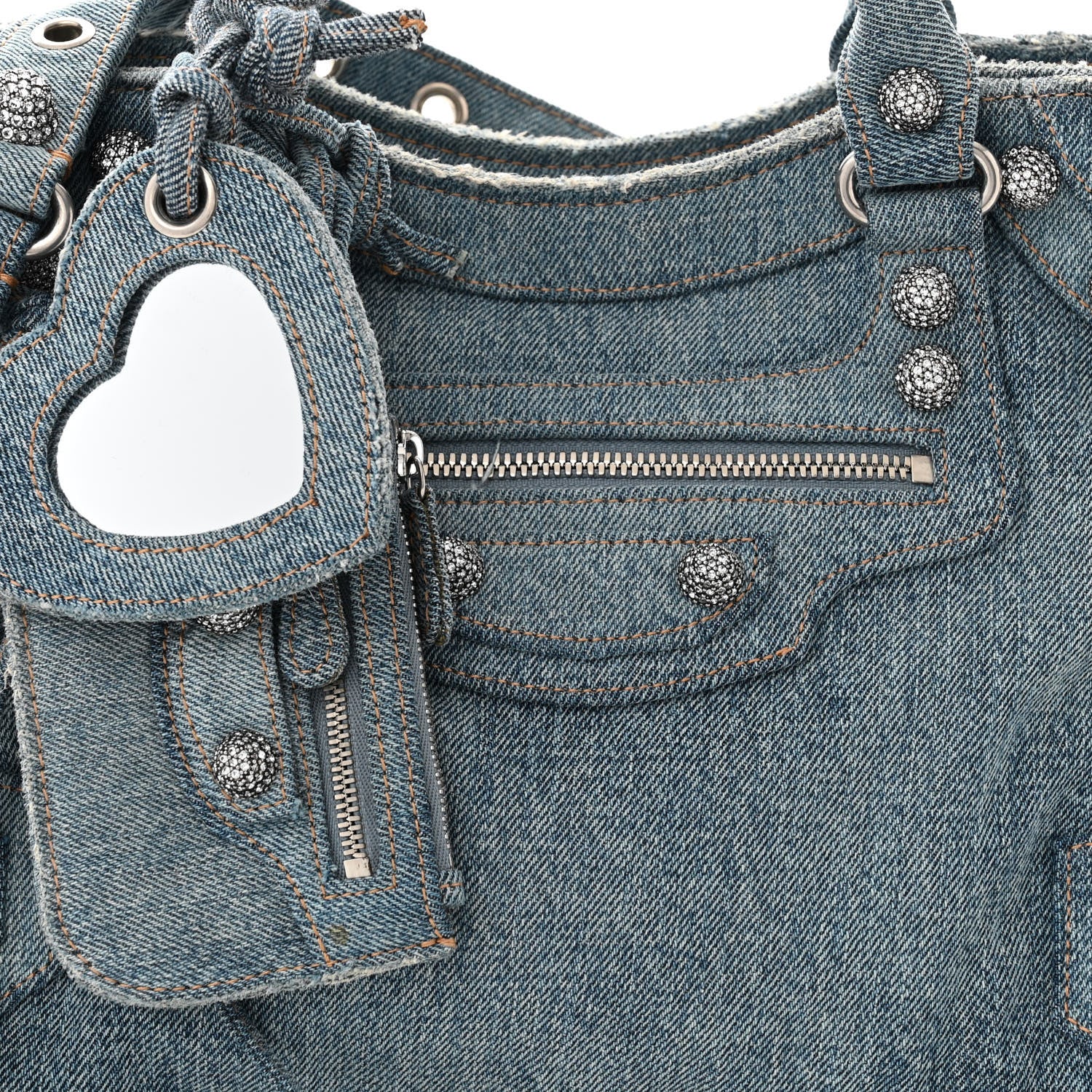 Balenciaga Washed Frayed Denim Crystal Neo Cagole City Handbag