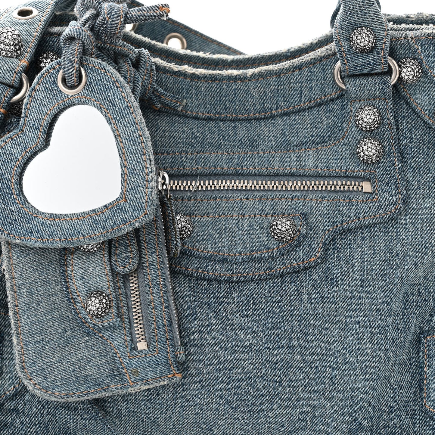 Washed Frayed Denim Crystal Neo Cagole City Handbag Blue