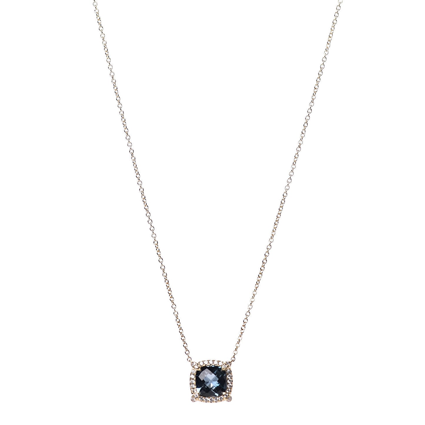 18K Yellow Gold Diamond Hampton Blue Topaz 7mm Petite Chatelaine Pave Bezel Pendant Necklace