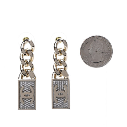 Chanel Crystal Dog Tag Charm Earrings Gold 2 of 6
