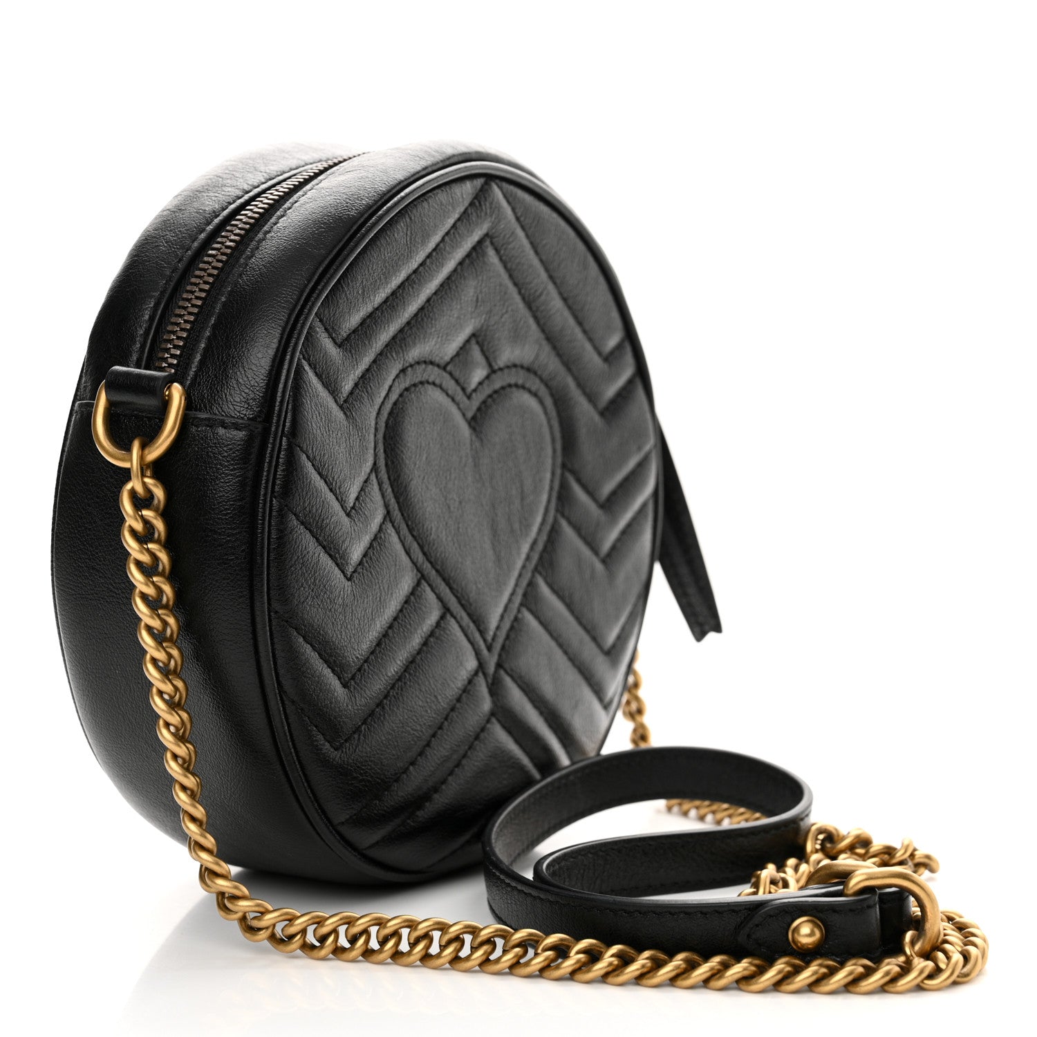 Gucci Azalea Calfskin Matelasse Heart Mini GG Marmont Round Shoulder Bag Black 3 of 12