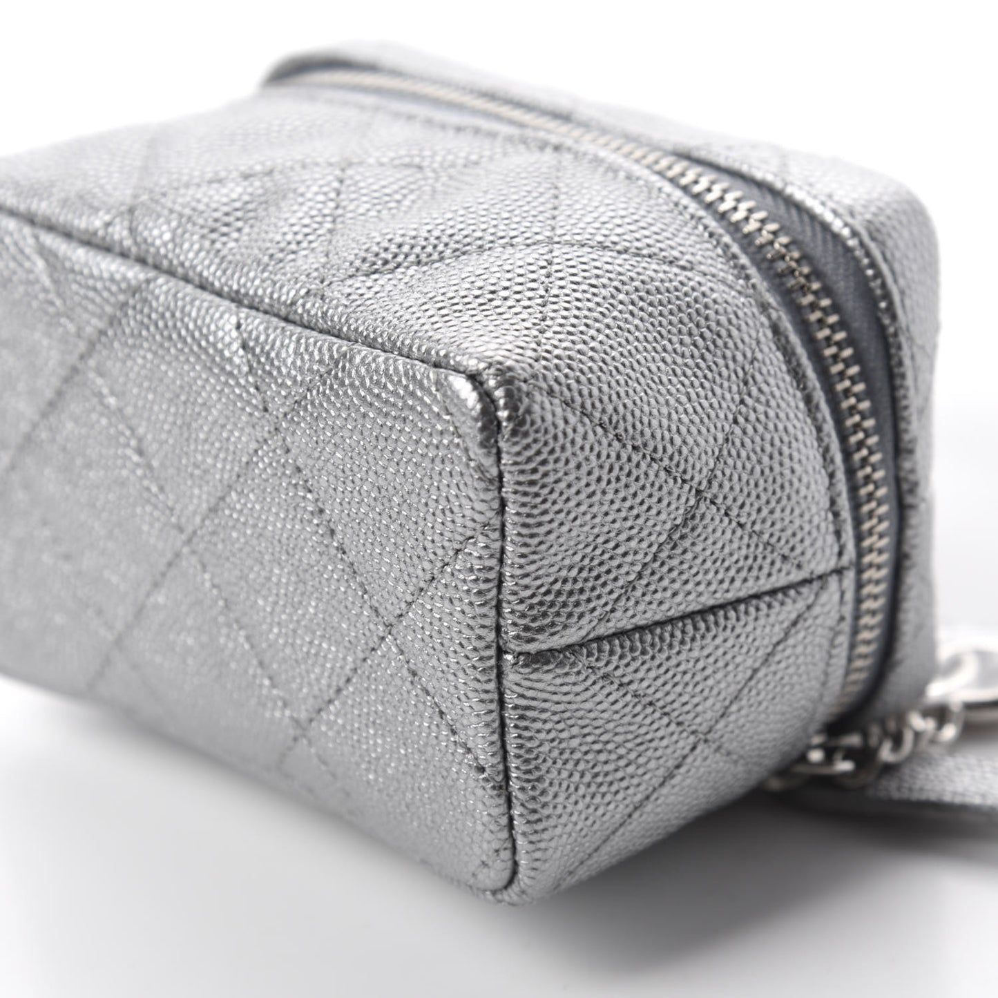 Metallic Caviar Quilted Mini Top Handle Vanity With Chain Silver