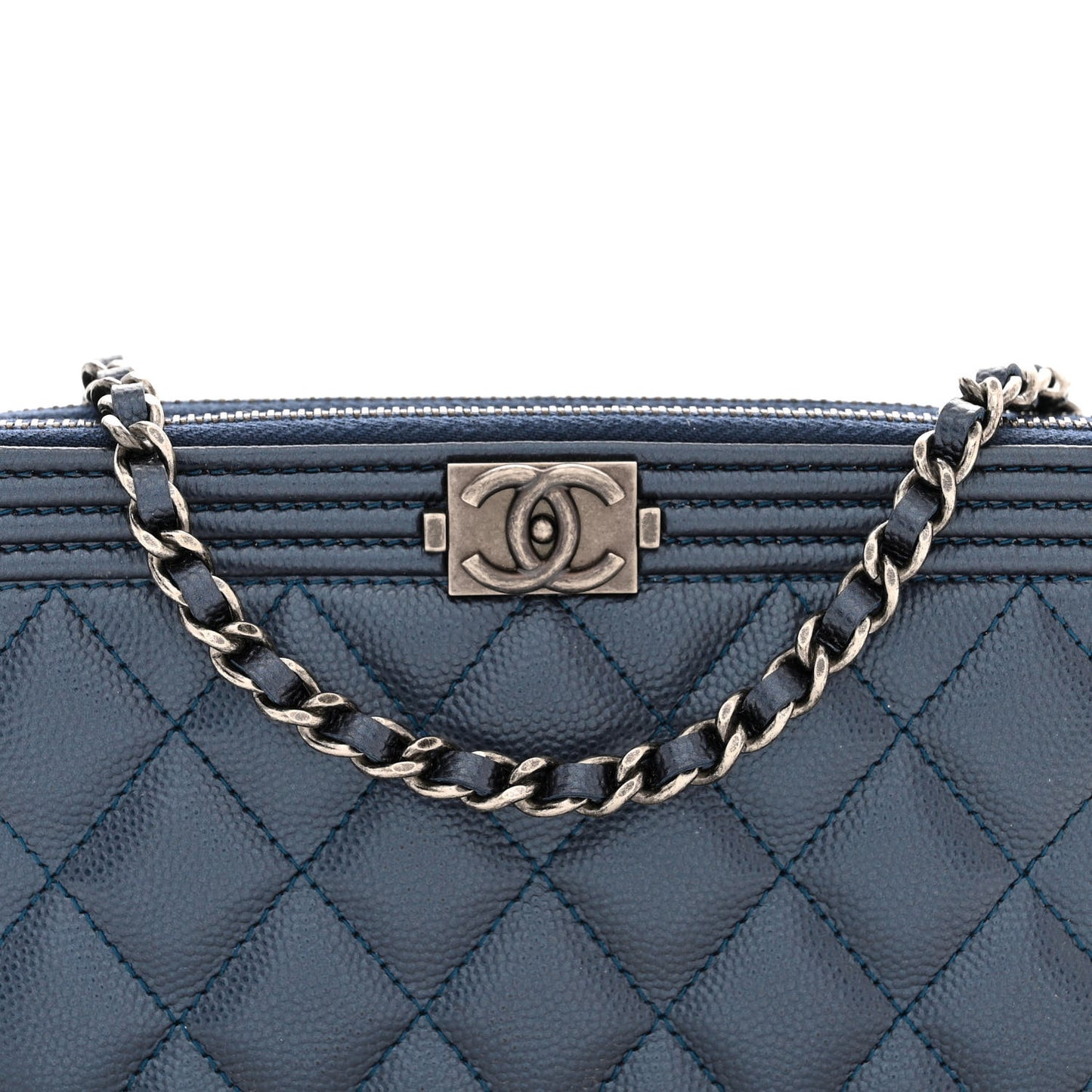 Metallic Caviar Quilted Small Boy Clutch With Chain Navy