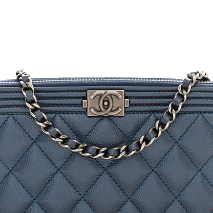 Chanel Metallic Caviar Quilted Small Boy Clutch With Chain Navy 10 of 13