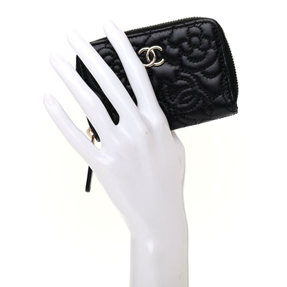 Chanel Lambskin Camellia Embossed Zip Coin Purse Black 2 of 7