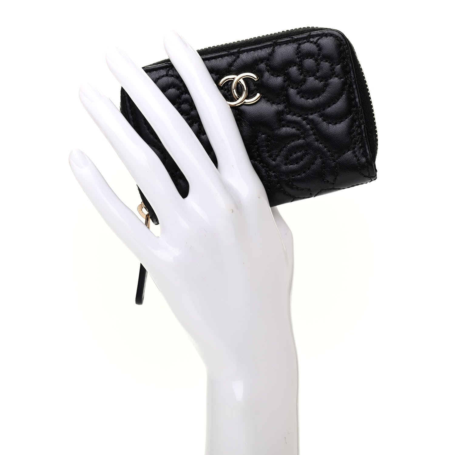 Chanel Lambskin Camellia Embossed Zip Coin Purse Black 2 of 7