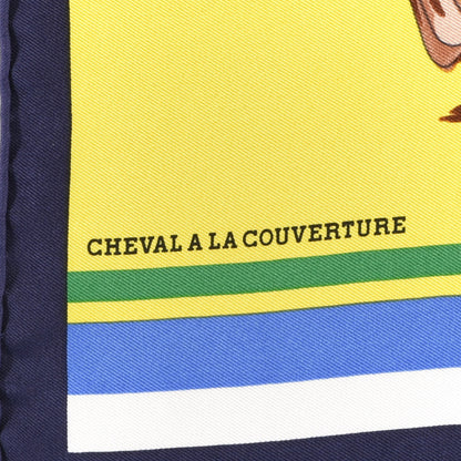 Hermes Silk Cheval A La Couverture Pocket Square Scarf Jaune Vif Marine 3 of 5