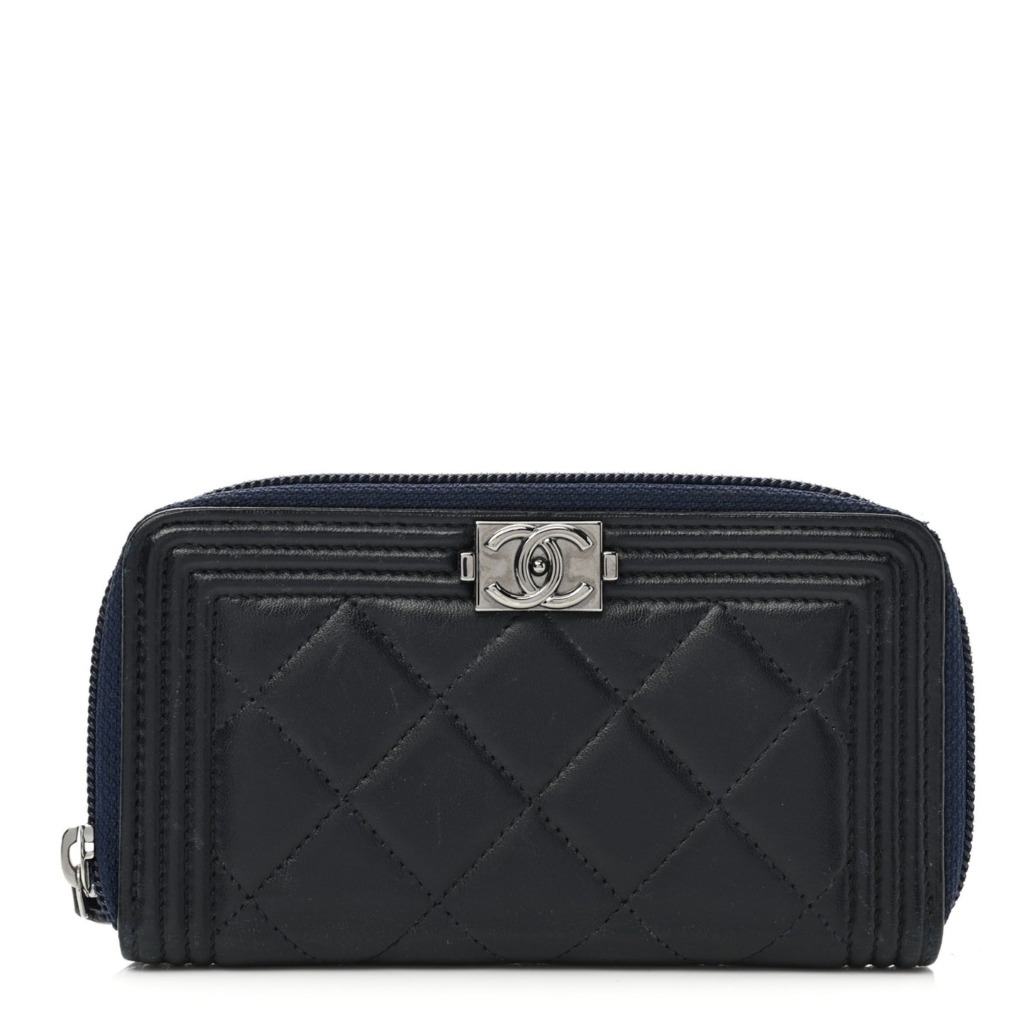 Lambskin Quilted Small Boy Zip Around Wallet Navy