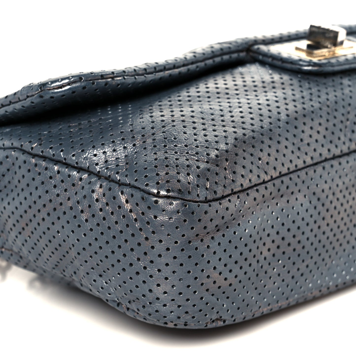 Metallic Crackled Calfskin Perforated Drill Flap Silver