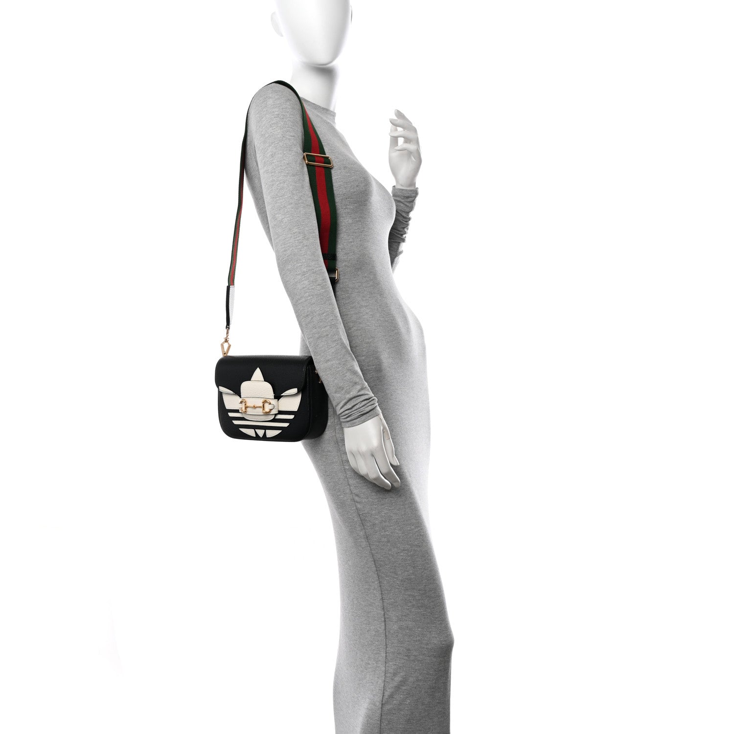 Gucci X ADIDAS Textured Dollar Calfskin Web Trefoil Mini Horsebit 1955 Shoulder Bag Black Off White 2 of 12
