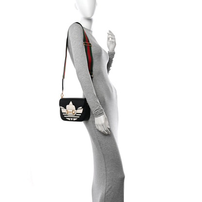 Gucci X ADIDAS Textured Dollar Calfskin Web Trefoil Mini Horsebit 1955 Shoulder Bag Black Off White 2 of 12