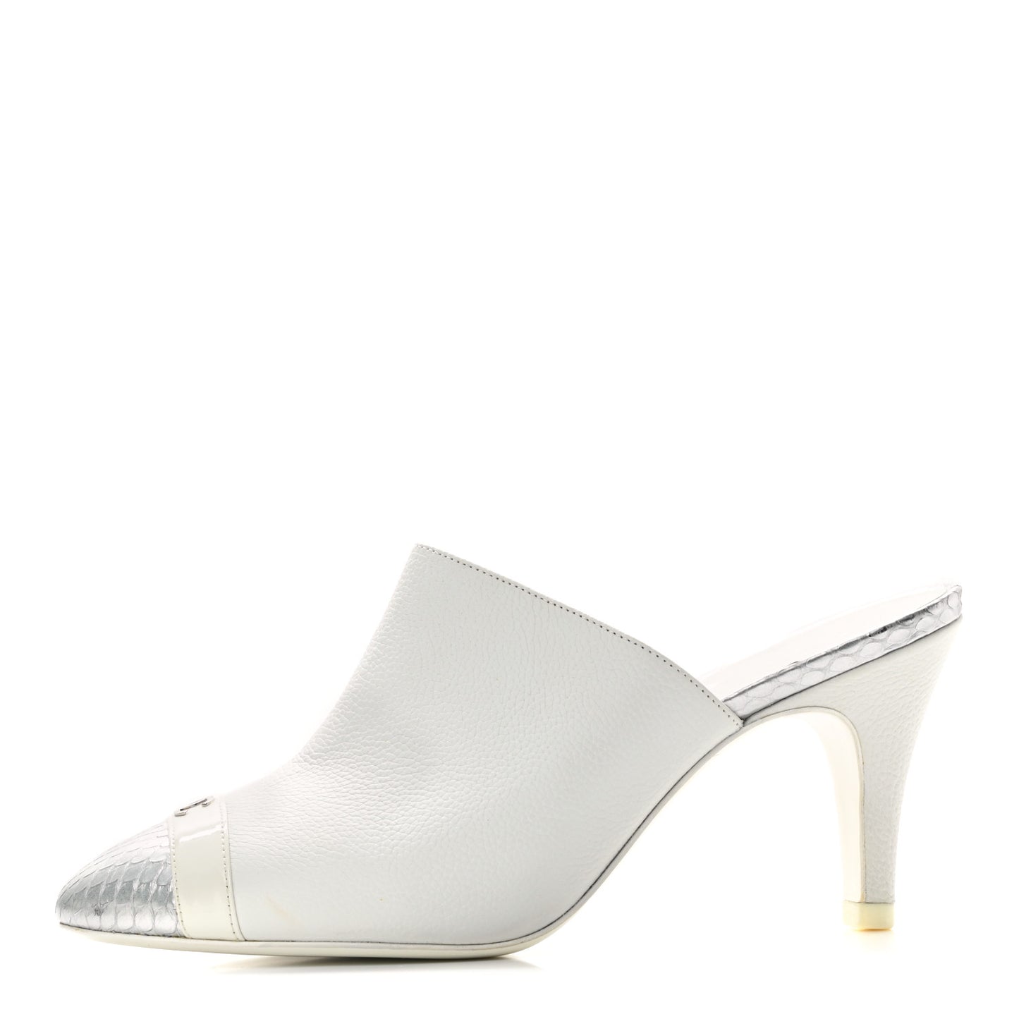 Grained Calfskin Snakeskin Cap Toe Mules 37.5 Ivory Silver