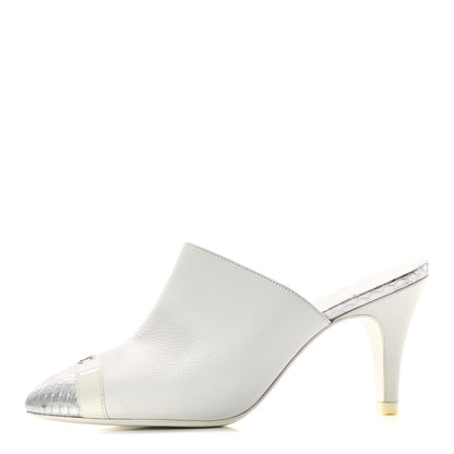 Chanel Grained Calfskin Snakeskin Cap Toe Mules 37.5 Ivory Silver 1 of 8