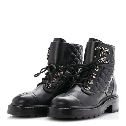 Chanel Shiny Goatskin Calfskin Quilted Lace Up Combat Boots 37 Black 4 of 10
