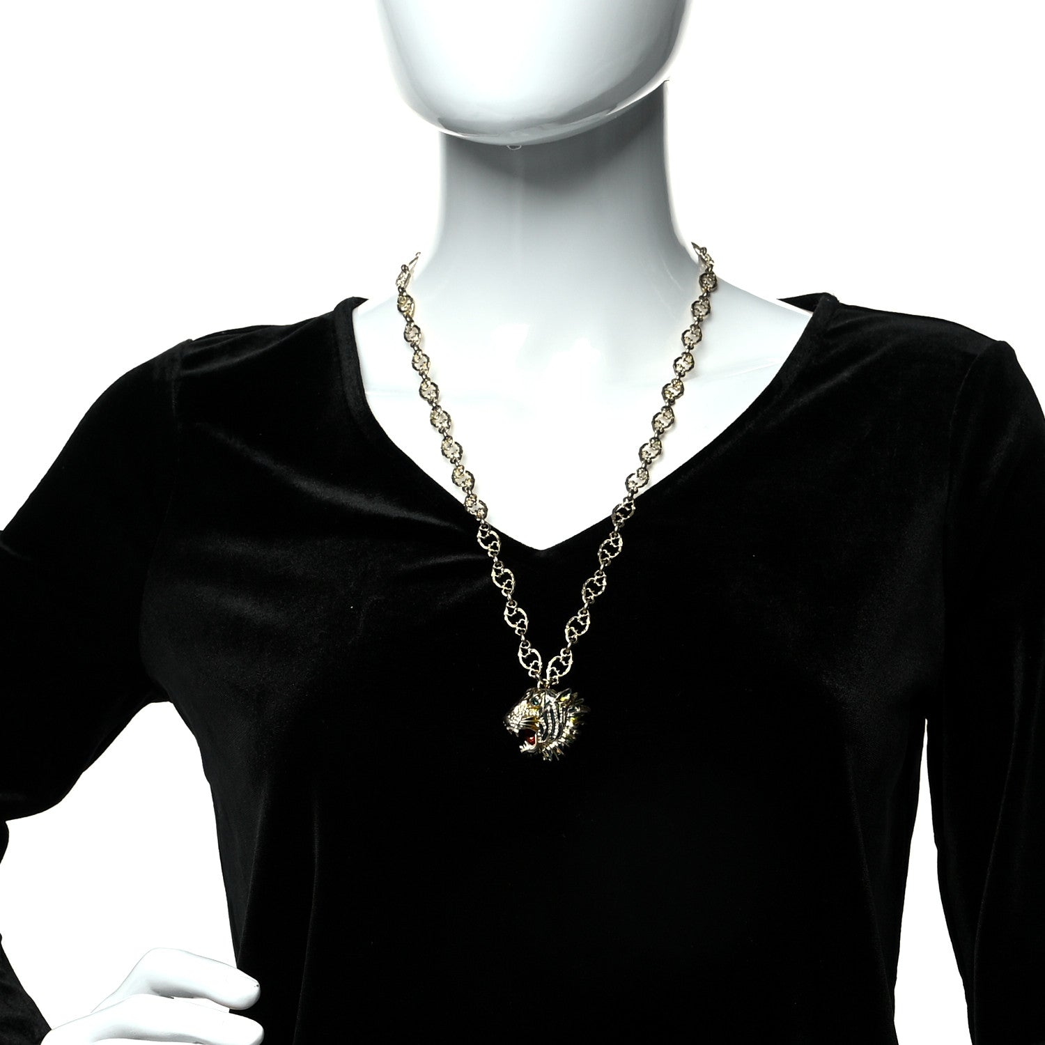 Gucci Metal Enamel Roaring Tiger Pendant Necklace Gold 2 of 5