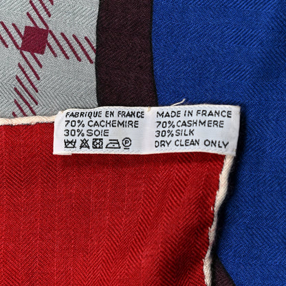 Hermes Cashmere Silk Tatersale Shawl 140 Rouge H Gris Bleu 3 of 5