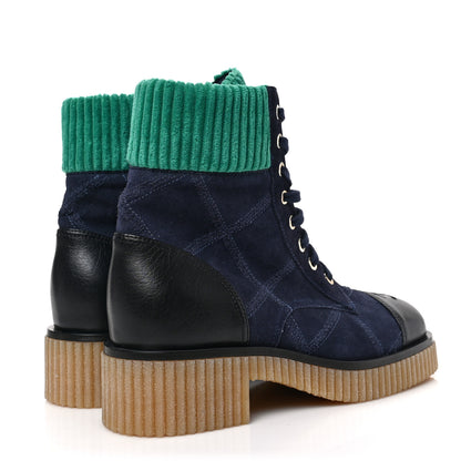 Chanel Suede Calfskin Velvet Quilted CC Combat Boots 38.5 Navy Green Black 4 of 7